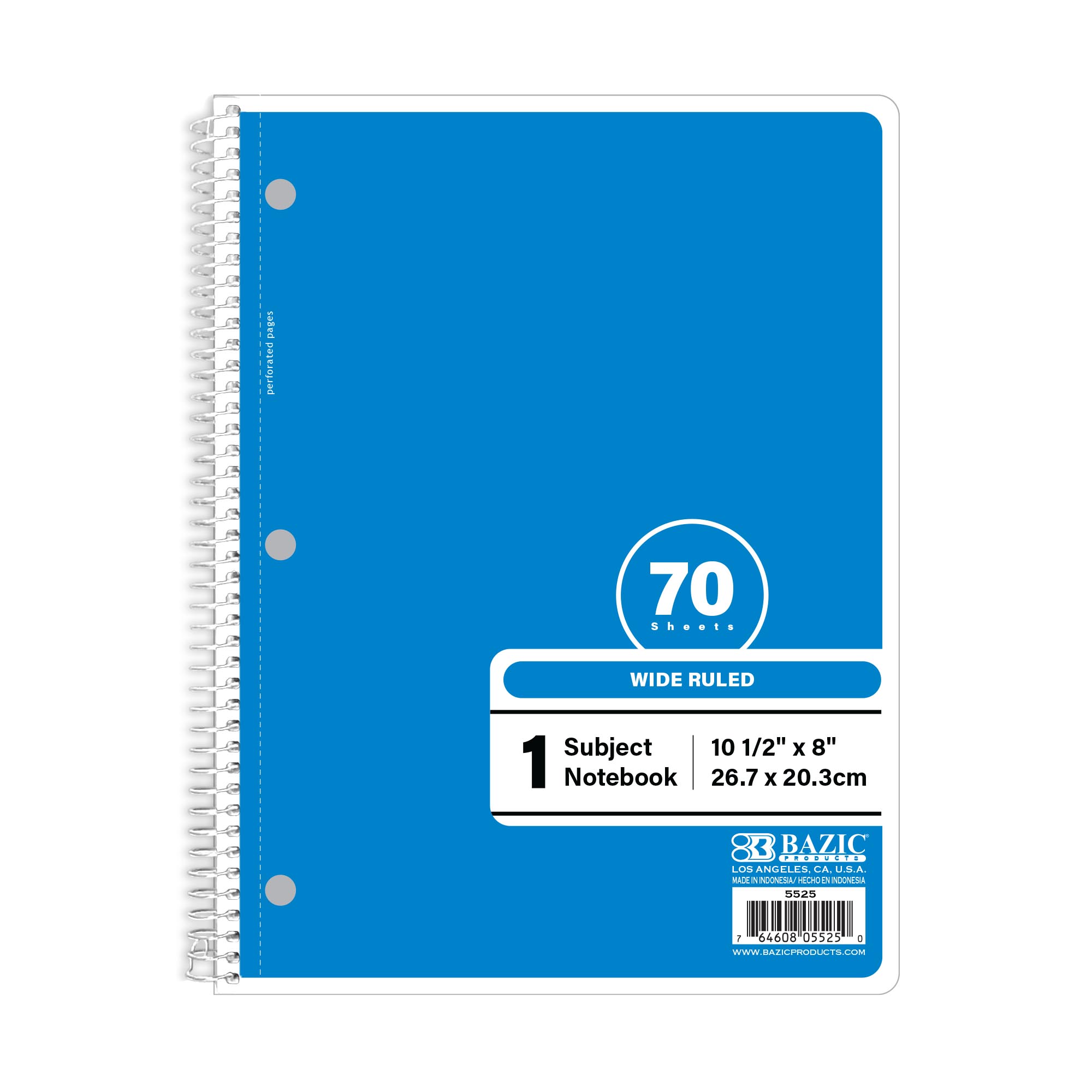 BAZIC Spiral Notebook, 1 Subject, Wide Ruled Paper 8" x 10-1/2", 70 Sheets Blue Cover, 24-Count