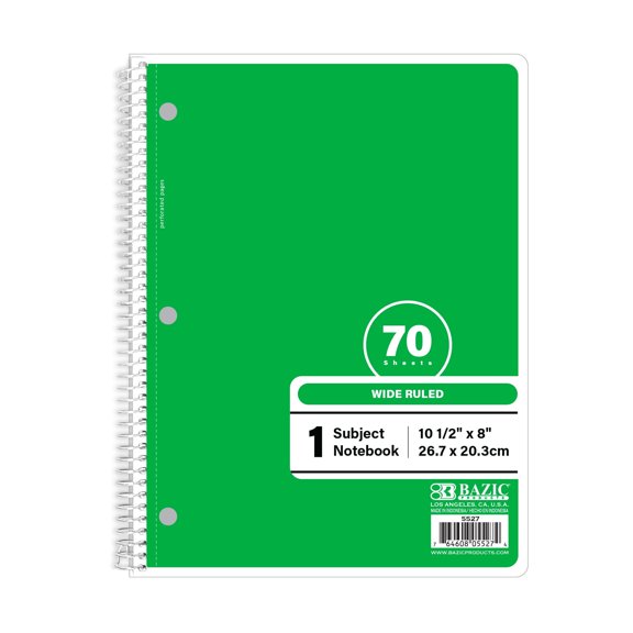 BAZIC Green 1-Subject Spiral Notebook, Wide-Ruled, 70 Ct