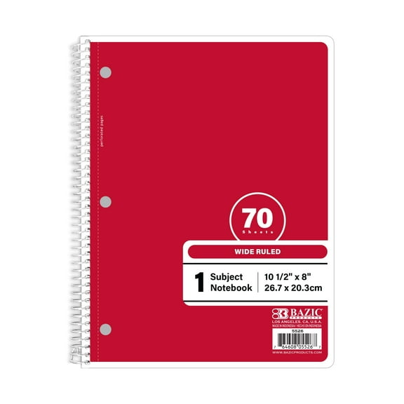 BAZIC Red 1-Subject Spiral Notebook, Wide-Ruled, 70 Ct