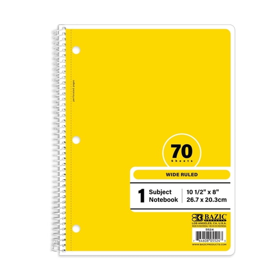 BAZIC Yellow 1-Subject Spiral Notebook, Wide-Ruled, 70 Sheets