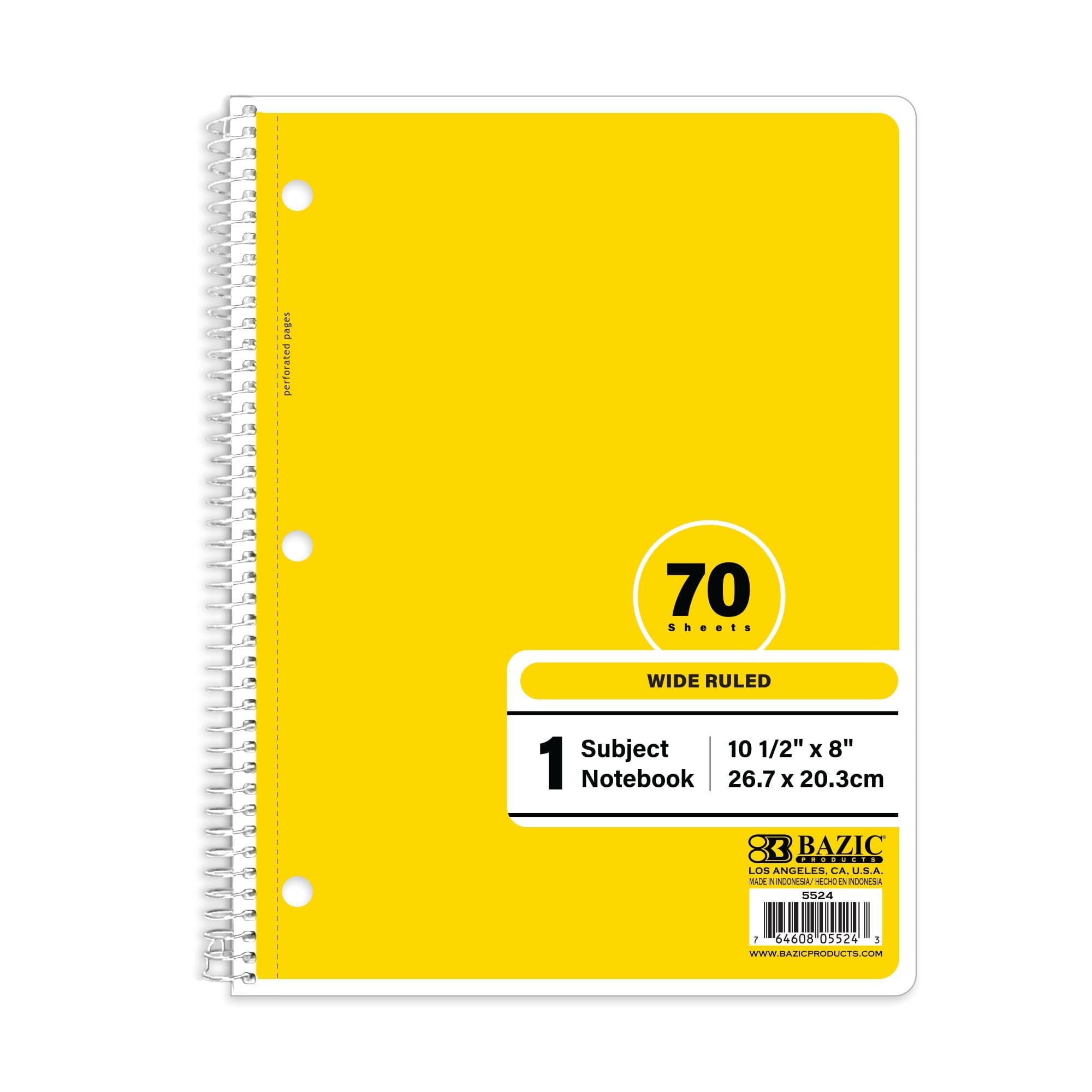 BAZIC Spiral Notebook, 1 Subject, Wide Ruled Paper 8" x 10-1/2", 70 Sheets Yellow Cover, 1 Count
