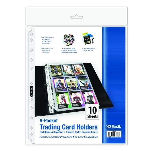 BAZIC Sports Card Holder Protector Sheet, 9 Pockets Plastic Top Loading Sheets, 11 Hole Punch, Organize Business Cards Photos, (10/Pack), 1-Pack