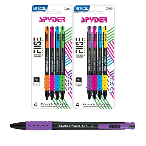 BAZIC Spyder Fuse Tech Ink Retractable Pen, 0.7mm Soft Grip (4/Pack), 2-Pack