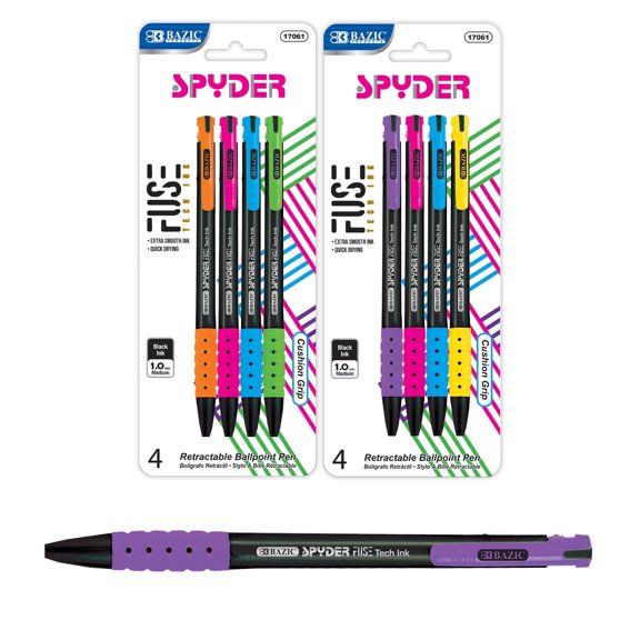 BAZIC Spyder Fuse Tech Ink Retractable Pen, 0.7mm Soft Grip (4/Pack), 2-Pack