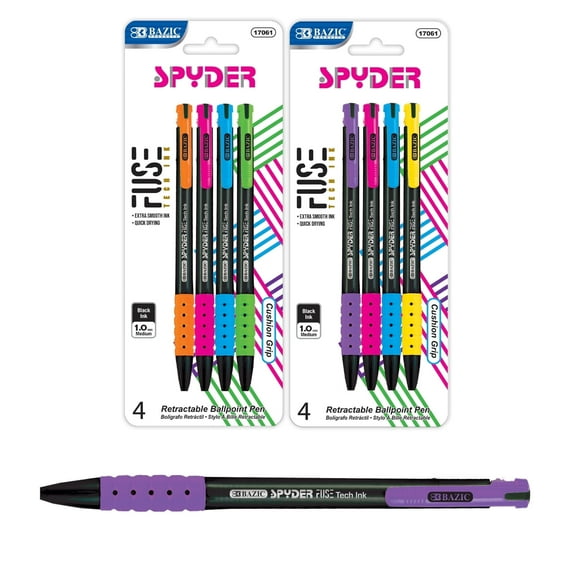 BAZIC Spyder FUSE Tech Ink Retractable Pen, 0.7mm Soft Grip (4/Pack), 24-Pack