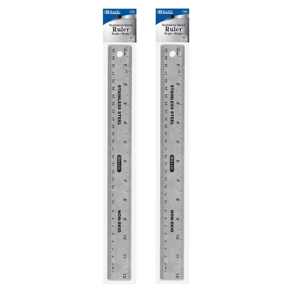 BAZIC Stainless Steel Ruler 12" (30cm) Non Skid Base, Inches Centimeter Rulers, 2-Pack