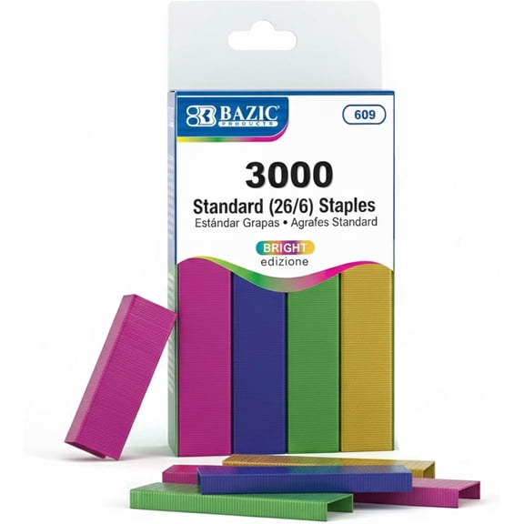 BAZIC Staples Standard (26/6) Metallic Color 3000/Pack, Stapler Refill Size Staple, Assorted Colors, 1-Pack