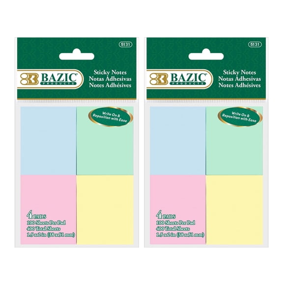 BAZIC Sticky Notes 1.5x2 Assorted Color Post, Self Stick Note (400 Sheets/Pack), 2-Packs