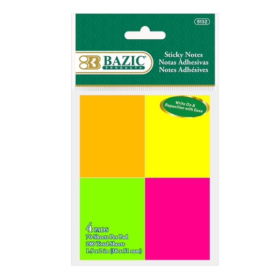 BAZIC Sticky Notes 1.5x2 Neon Color, (280 Sheets/Pack), 1-Pack
