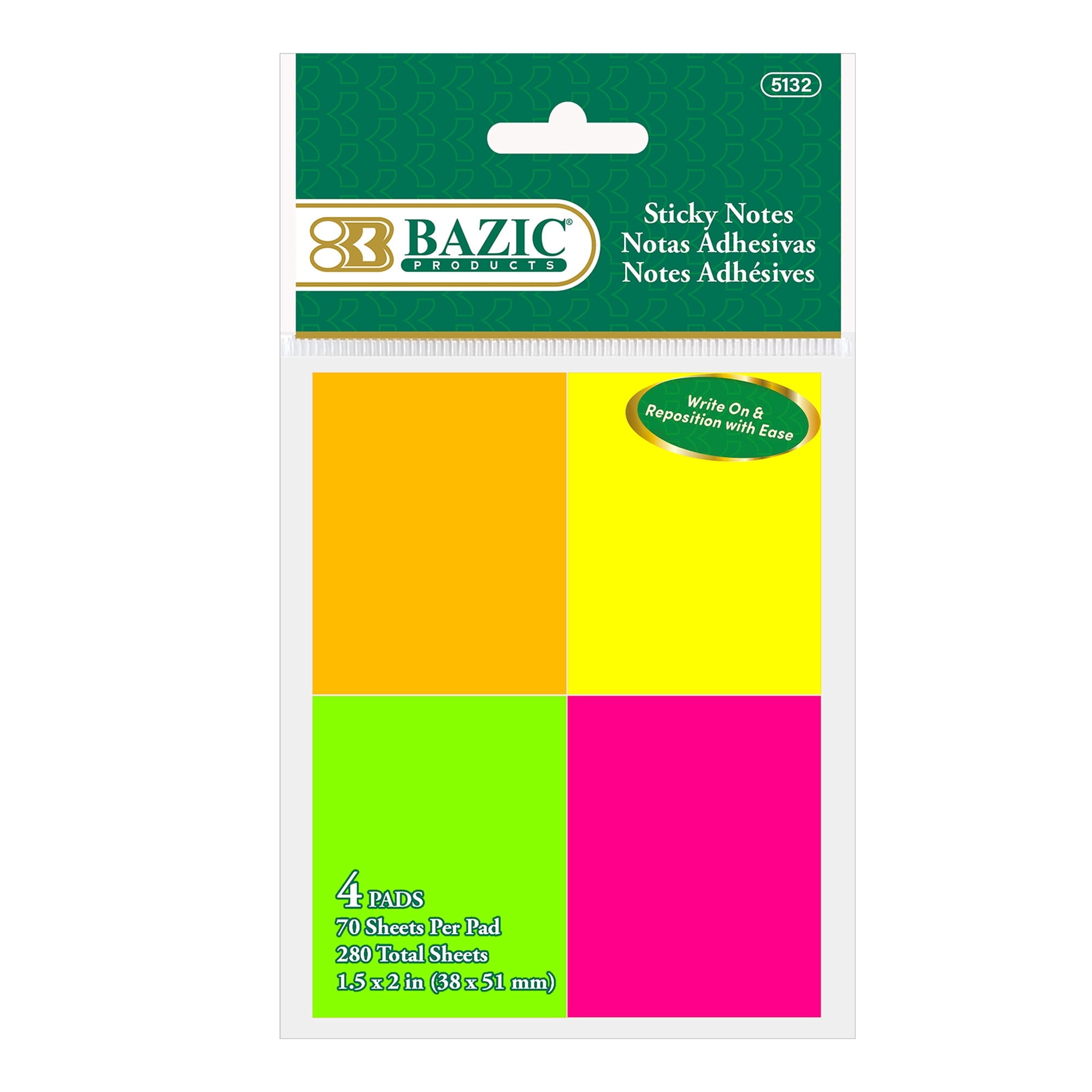 BAZIC Neon Mini Sticky Notes, 1.5 x 2 In, 70 Sheets, 4 Pads - Walmart.com
