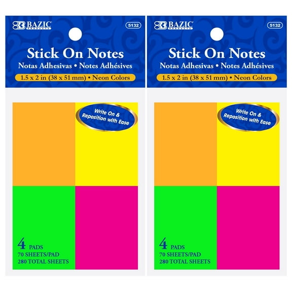 BAZIC Sticky Notes 1.5x2 Neon Color Post, Self Stick Note (280 Sheets/Pack), 2-Packs