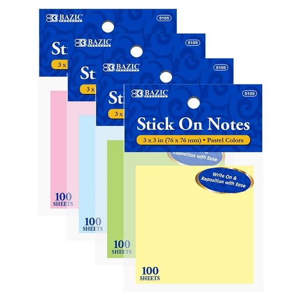 BAZIC Sticky Notes 3x3 Assorted Colors, (100 Sheets/Pack), 4-Pack