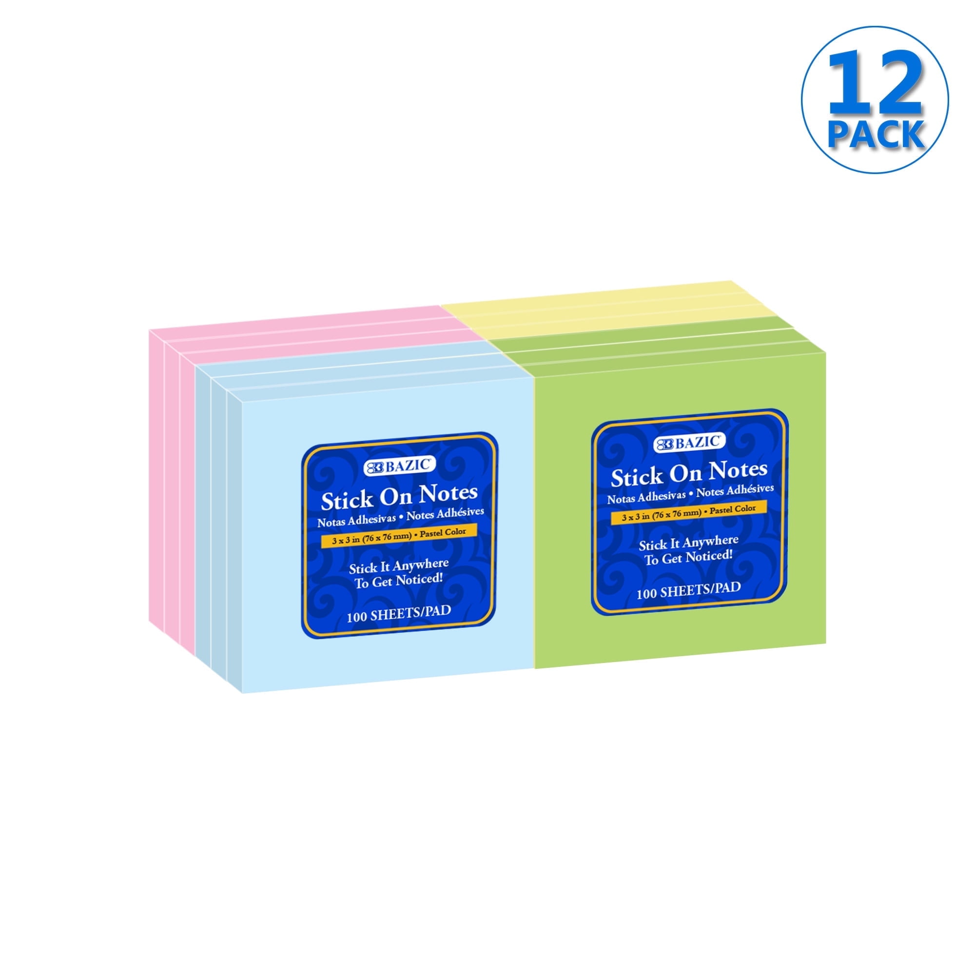 BAZIC Sticky Notes 3x3 Assorted Colors, (1200 Sheets/Pack), 12-Pack ...