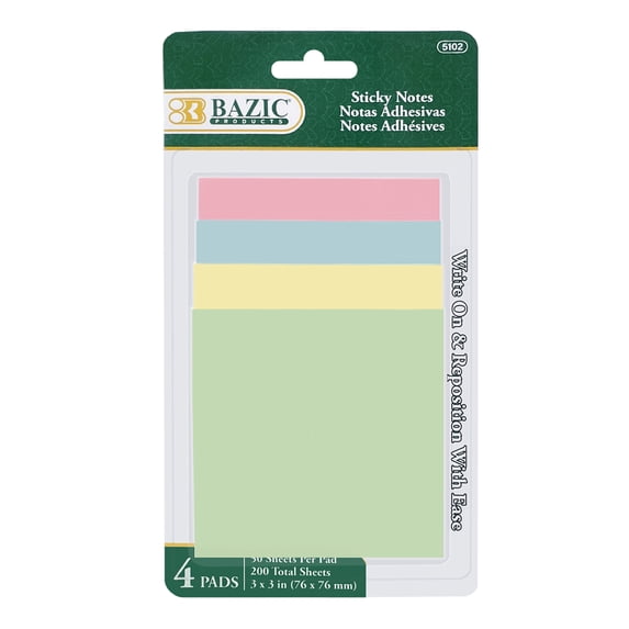 BAZIC Sticky Notes 3x3 Bright Assorted Colors, (200 Sheets/Pack), 1-Pack
