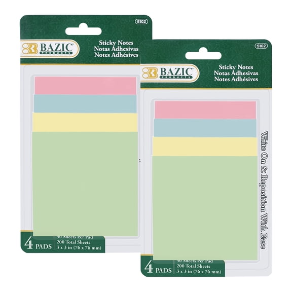 BAZIC Sticky Notes 3x3 Bright Assorted Colors Post Self Stick Note (200 Sheets/Pack), 2-Packs