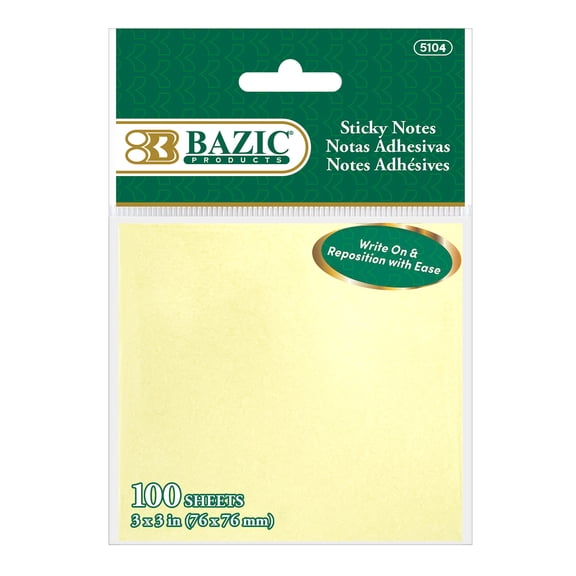 BAZIC Sticky Notes 3x3 Yellow Colors, (100 Sheets/Pack), 24-Pack