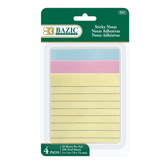 BAZIC Sticky Notes 3x3 Lined Assorted Color, (120 Sheets/Pack), 24-Pack