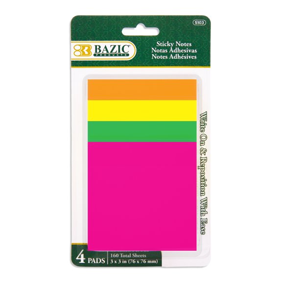 BAZIC Neon Sticky Notes, 3 x 3 In, 40 Sheets, 4 Pads