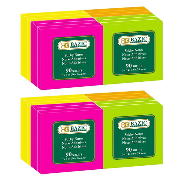 BAZIC Sticky Notes 3x3 Neon Assorted Colors Post Self Stick Note (1080 Sheets/Pack), 2-Packs