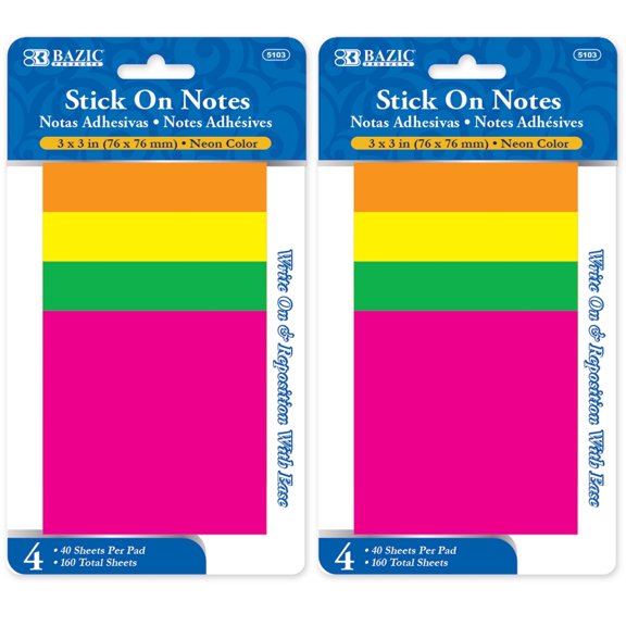 BAZIC Sticky Notes 3x3 Neon Assorted Colors Post Self Stick Note (160 Sheets/Pack), 2-Packs