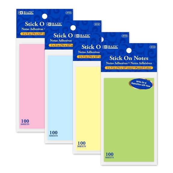BAZIC Sticky Notes 3x5 Yellow Color (100 Sheets/Pack) 4-Pack