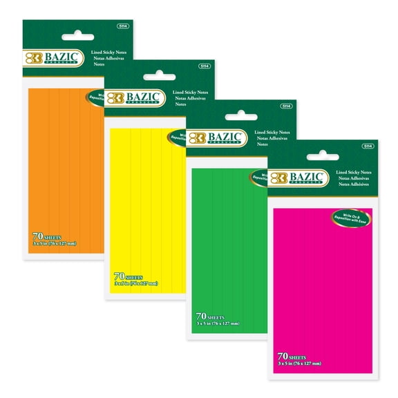 BAZIC Neon Lined Sticky Notes, 3 x 5 In, 70 Sheets