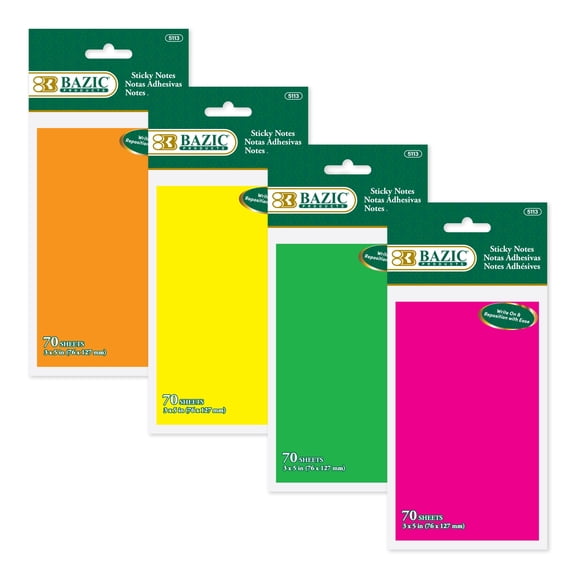 BAZIC Neon Sticky Notes, 3 x 5 In, 70 Sheets