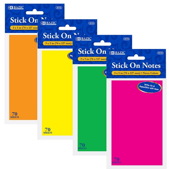 BAZIC Sticky Notes 3x5 Neon Color, (70 Sheets/Pack), 4-Pack