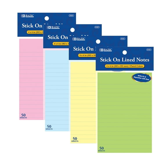 BAZIC Sticky Notes 4x6 Lined Ruled Assorted Color, (50 Sheets/Pack), 24-Pack
