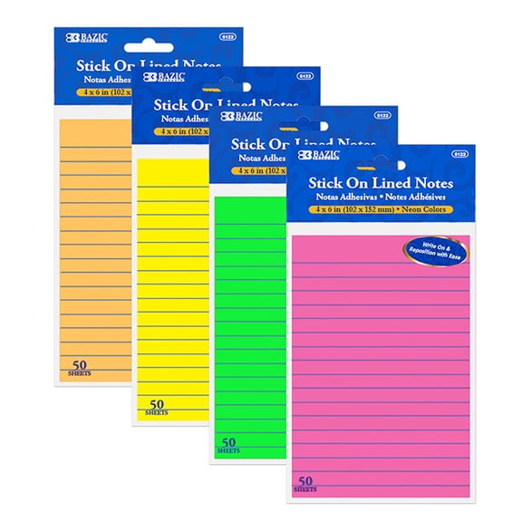 BAZIC Sticky Notes 4x6 Lined Ruled Neon Color, (50 Sheets/Pack), 4-Pack