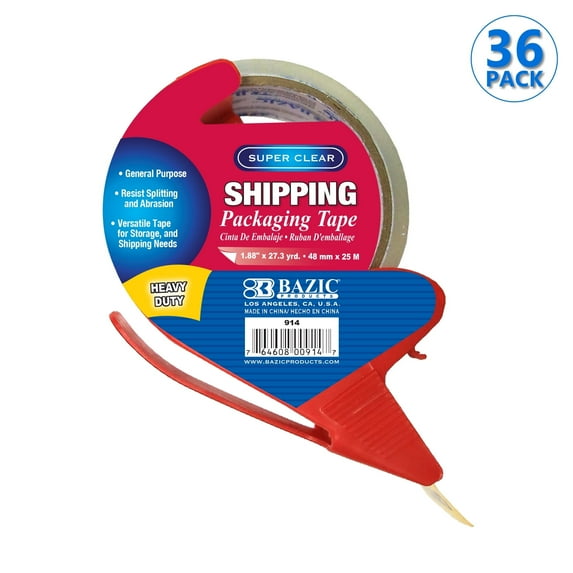 BAZIC Super Clear Heavy Duty Packaging Tape Packing Tape w/ Dispenser 1.88" x 27.3 Yards, 36-Pack