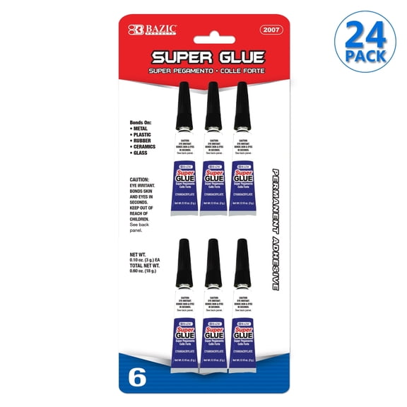 BAZIC Super Glue 3g/0.10Oz, Clear Adhesive Fluid Liquid (6/Pack), 24-Packs