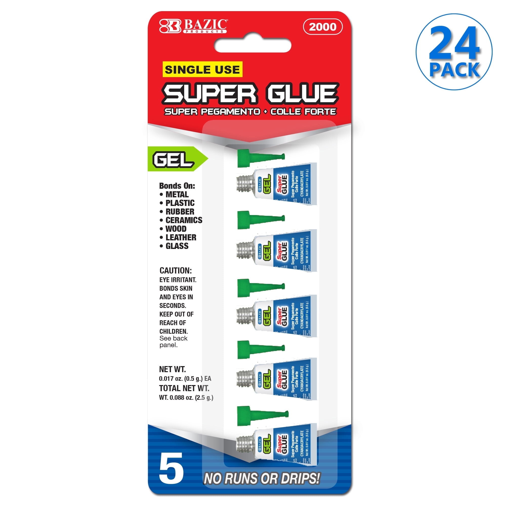 BAZIC Super Glue Gel 0.5g Clear No Run Fast Dry Adhesive (5/Pack), 24-Packs