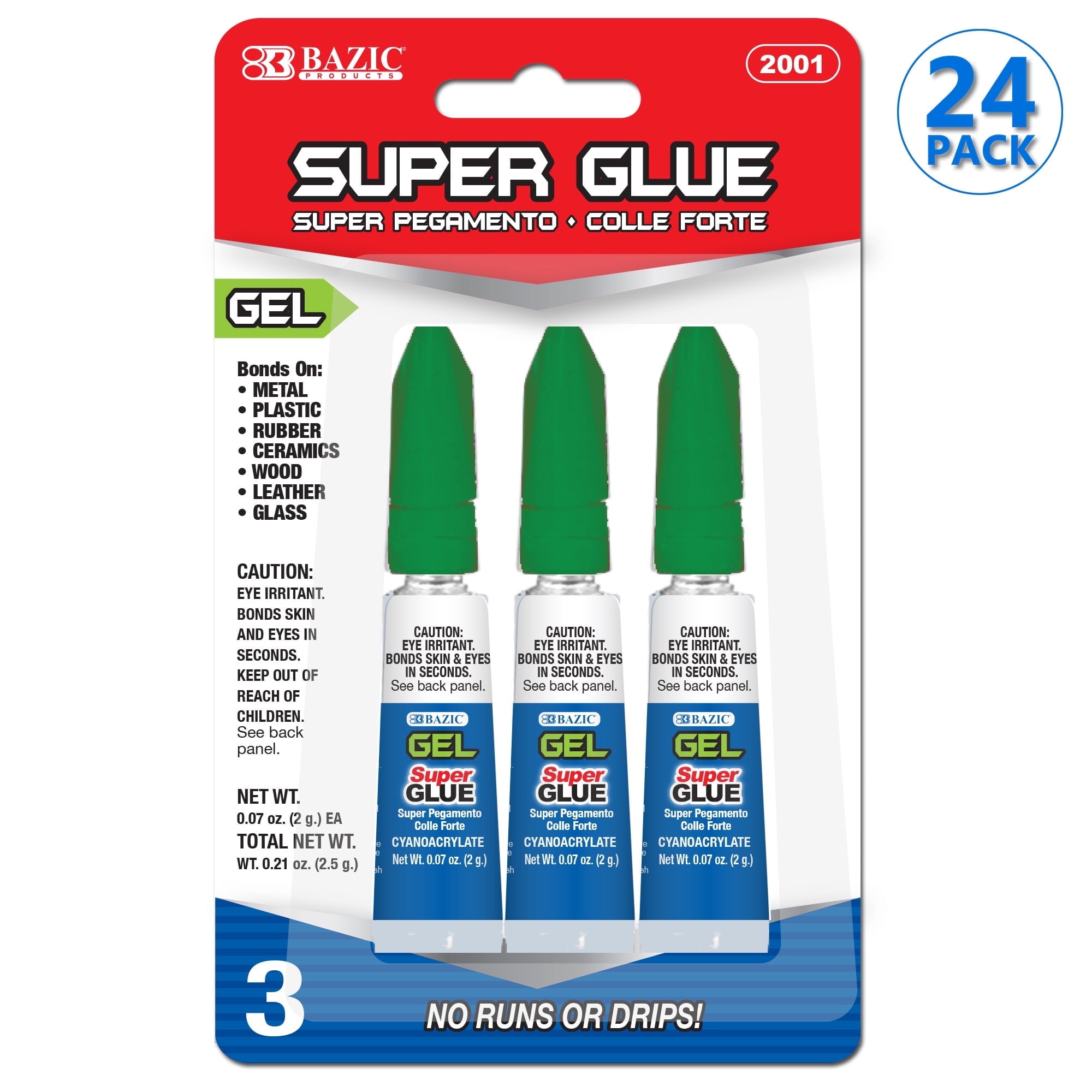 BAZIC Super Glue Gel 2g Clear No Run Fast Dry Adhesive (3/Pack), 24-Packs