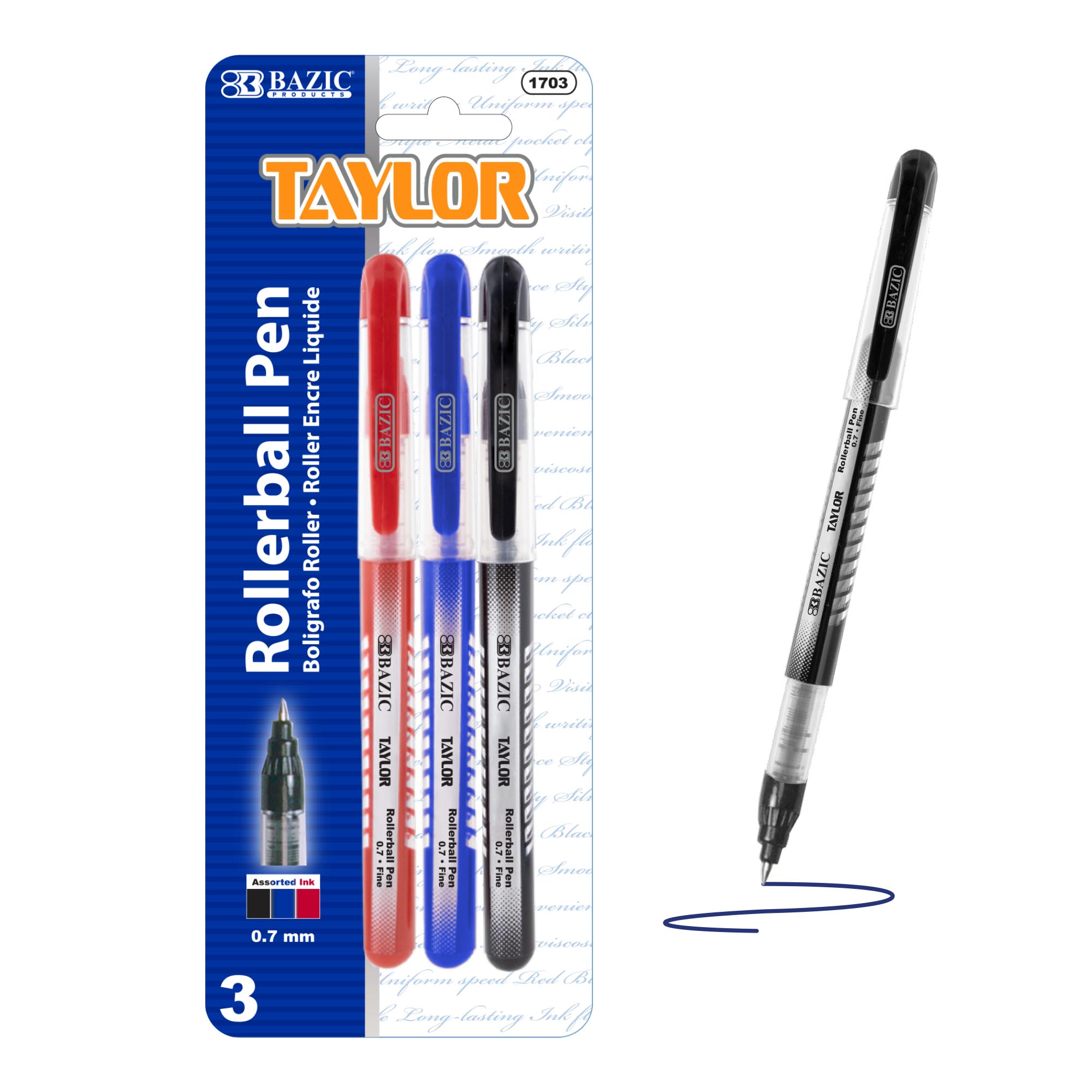 BAZIC Taylor Assorted Color Rollerball Pen 0.7mm w/ Regulator, (3/Pack), 24-Pack