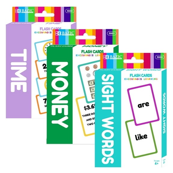 BAZIC Time & Money & Sight Words Flash Cards Set (36/Pack), Set of 3-Pack