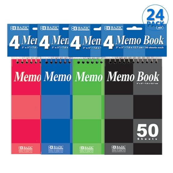 BAZIC Top Bound Spiral Memo Books 3"x5", 50 Sheet, Assorted Color, 96-Count