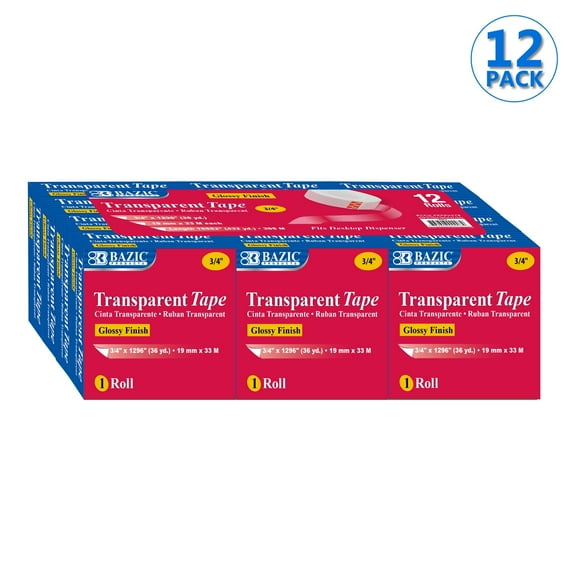 BAZIC Transparent Tape 3/4" X 1296", Glossy Finish, Bulk Total 144-Count