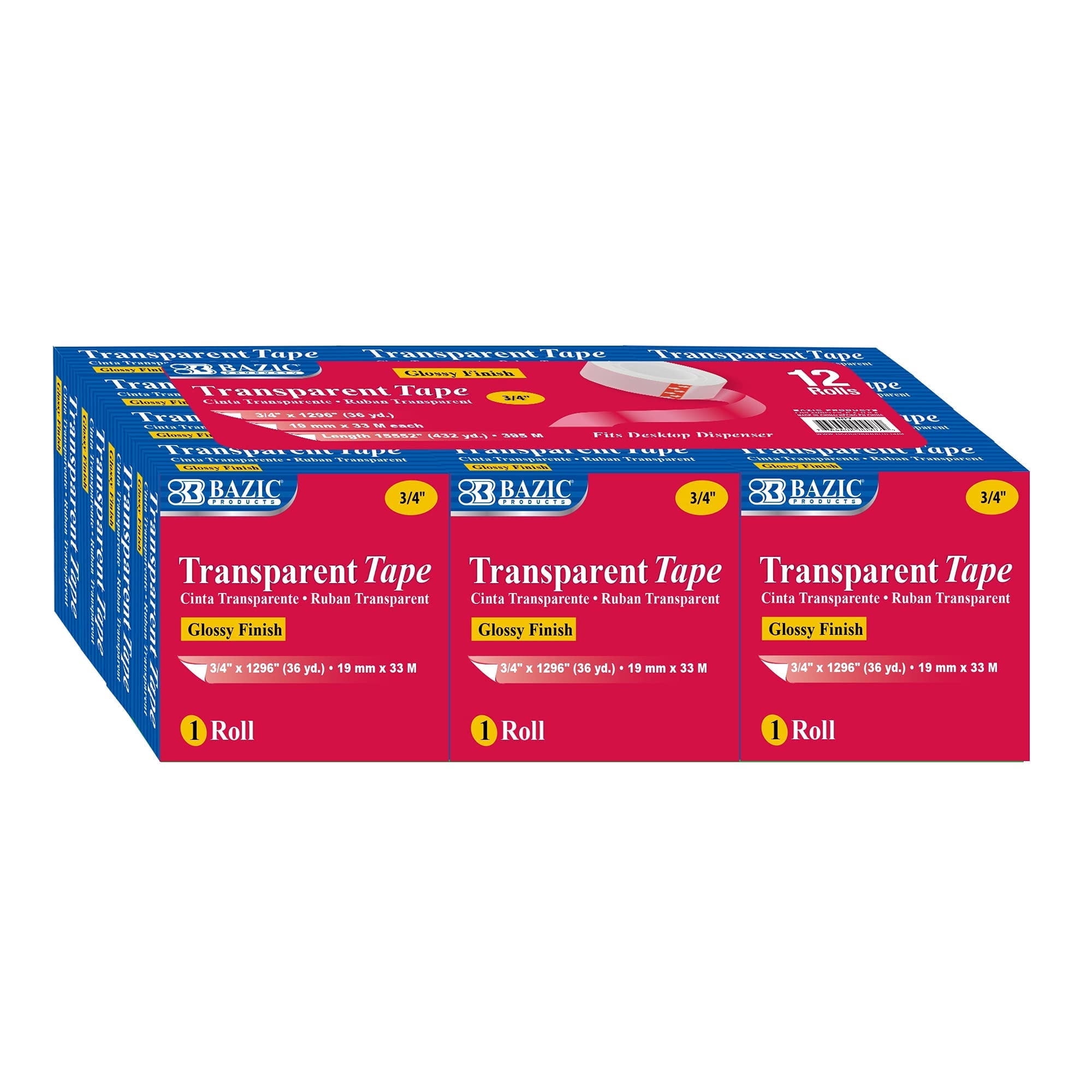 BAZIC Transparent Tape 3/4" X 1296", Glossy Finish, Bulk Total 48-Count