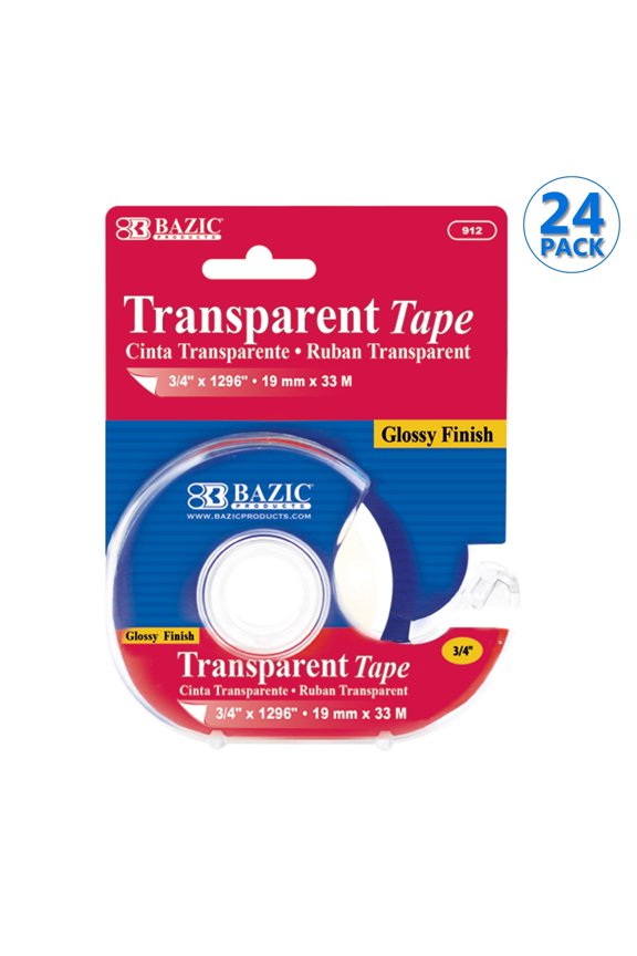 BAZIC Transparent Tape w/ Dispenser 3/4" X 1296", Glossy Finish, 24-Pack