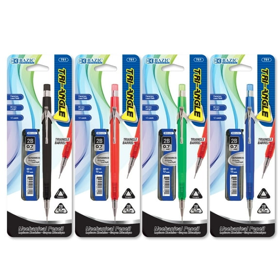 BAZIC Tri-Angle 0.7mm Mechanical Pencil w/ Refill 2B Ceramic Lead, 4-Pack