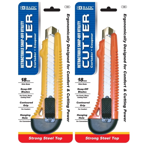 BAZIC Utility Knife Box Cutter 18 mm Wide Blade w/ Steel Top, 2-Pack