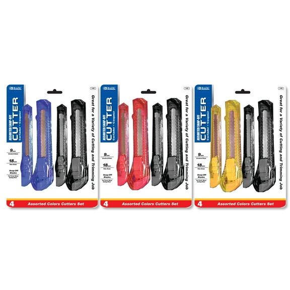 BAZIC Utility Knife Box Cutter 18mm + 9 mm Blade (4/Pack), 3-Packs