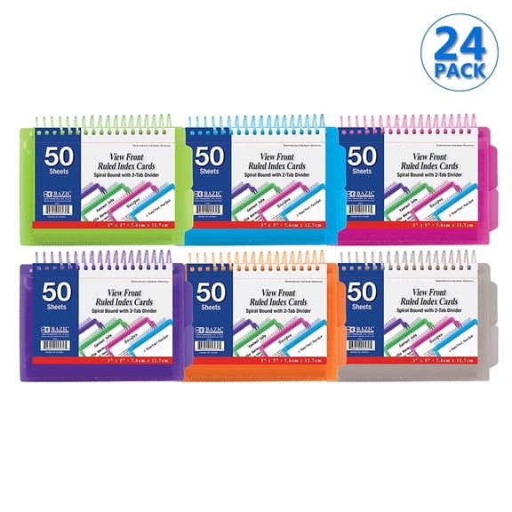 BAZIC View Front Spiral Index Cards w/ Divider, 3 x 5 In, 50 Ct