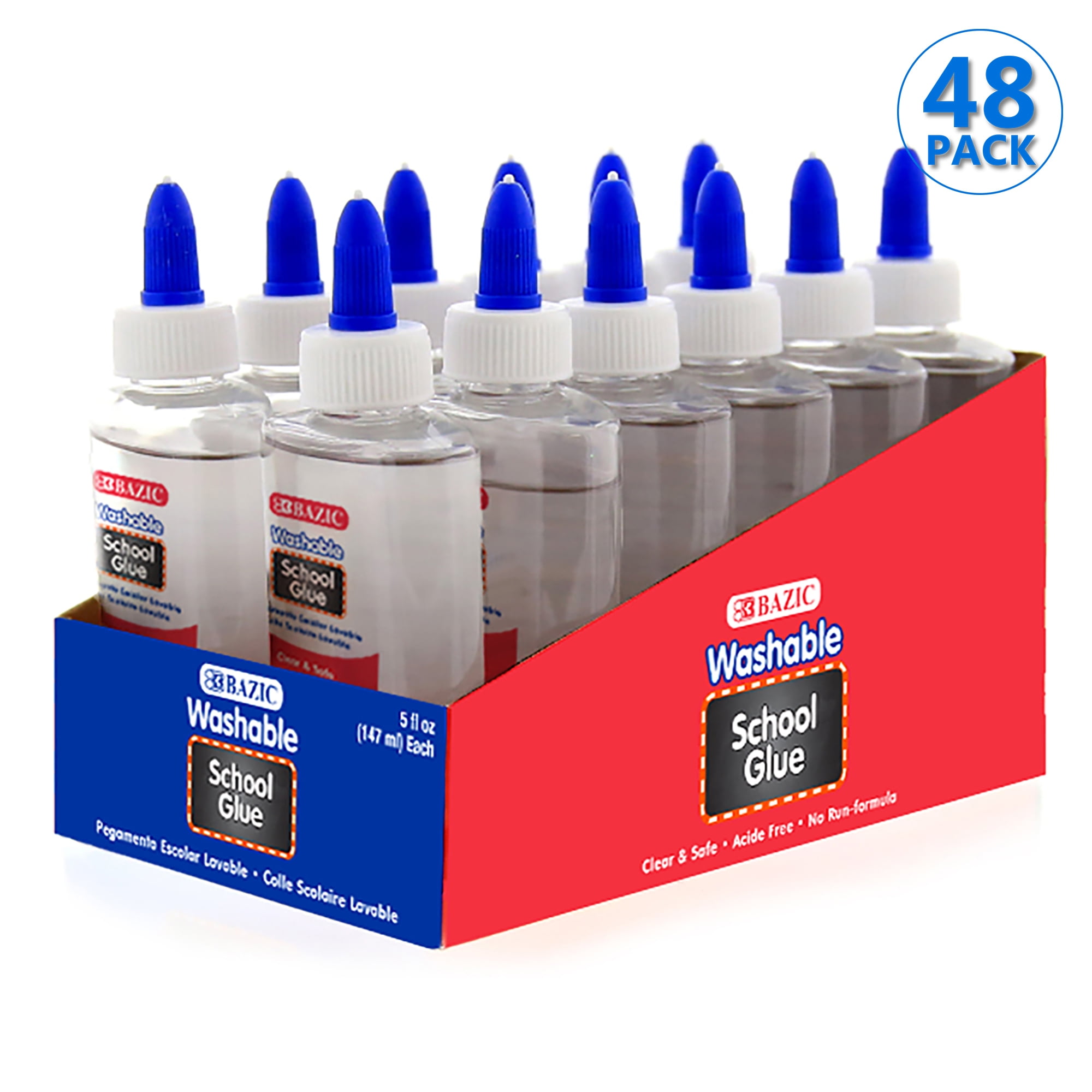 BAZIC Washable Clear School Glue 5 Oz for Making Slime Art Crafts, 48-Pack