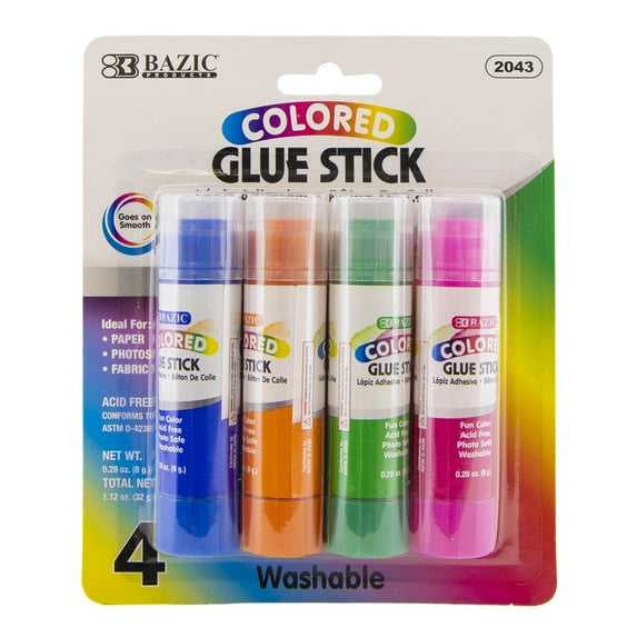 BAZIC Washable Colored Glue Stick 8g/0.28 Oz, All Purpose Acid Glue Sticks (4/Pack), 144-Packs