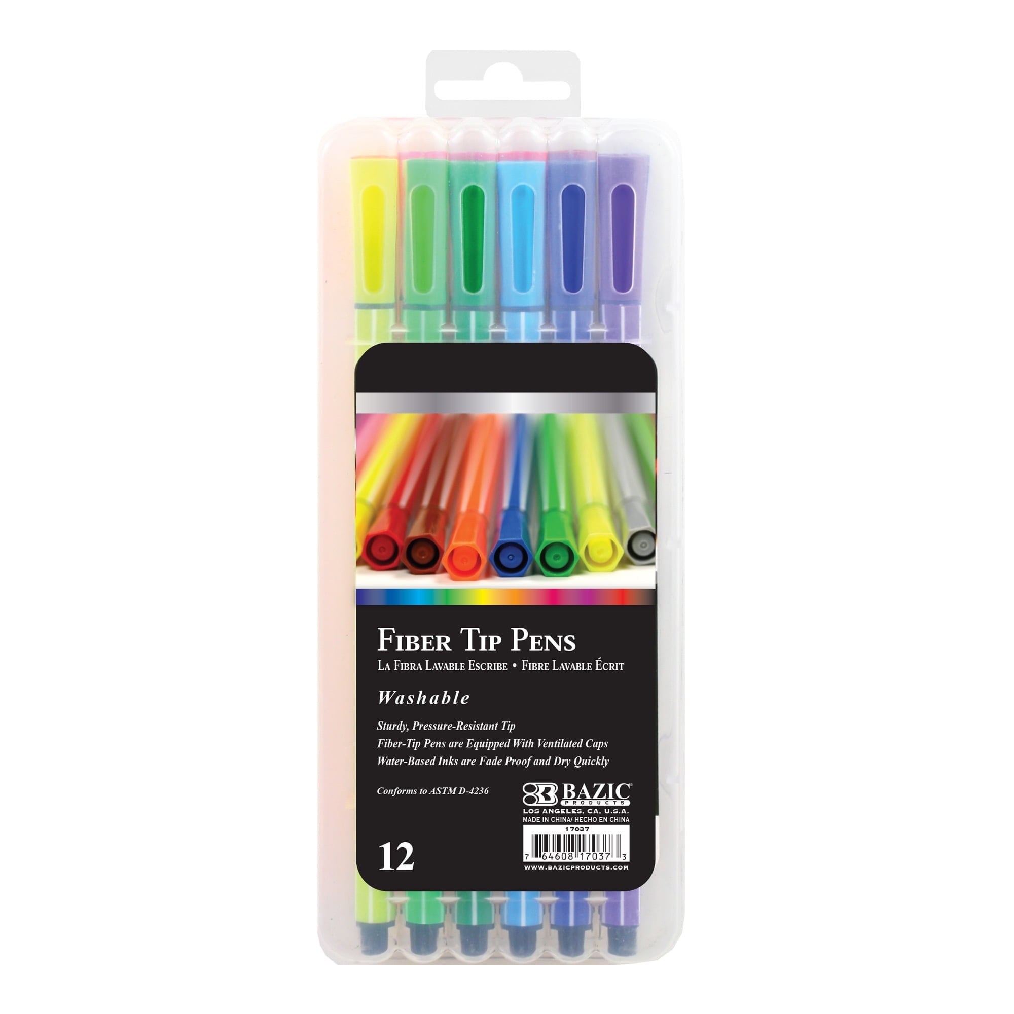BAZIC Washable Fiber Tip Pen, 12 Color Fineliner Pens, (12/Pack), 1-Pack