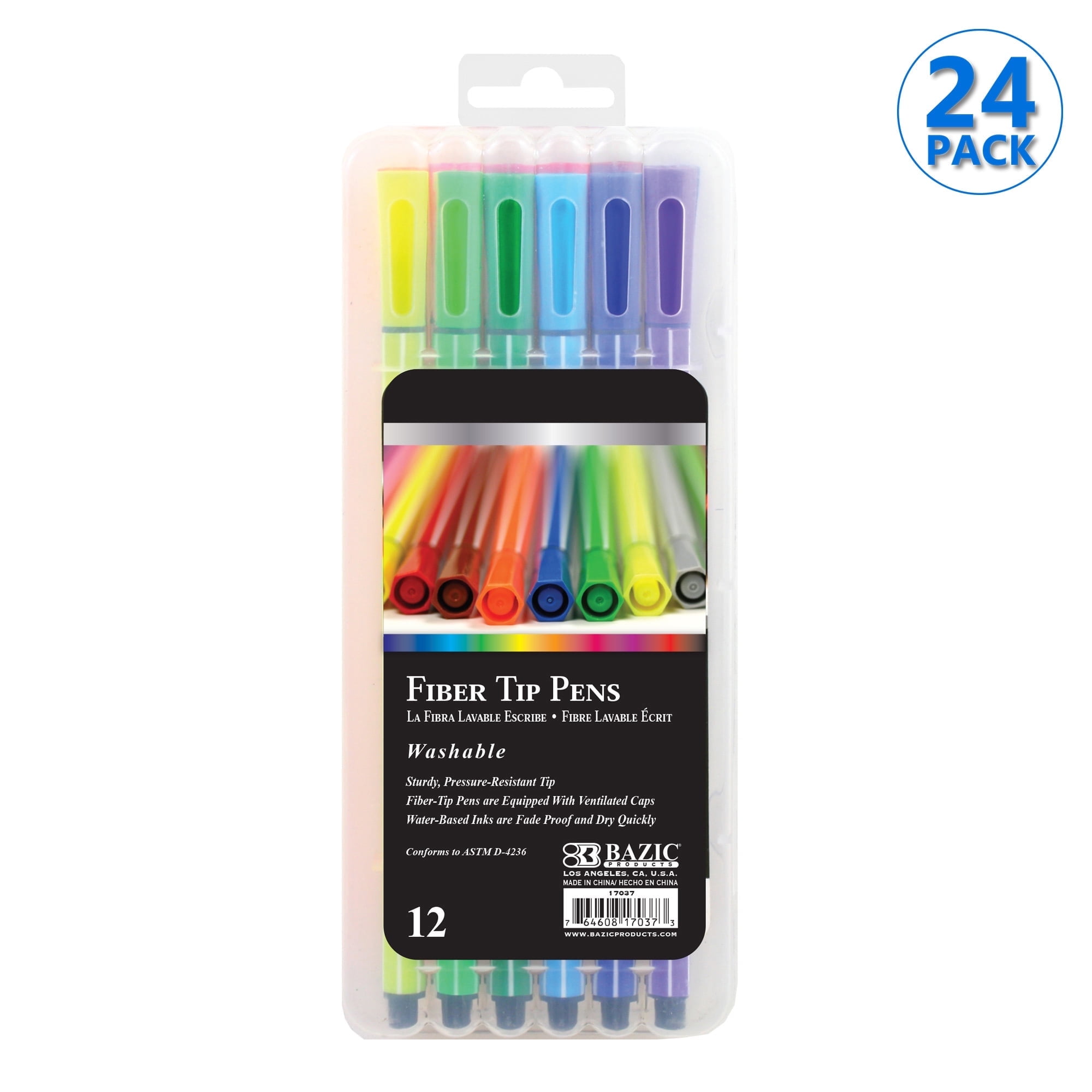 BAZIC Washable Fiber Tip Pen, 12 Color Fineliner Pens, (12/Pack), 24-Pack