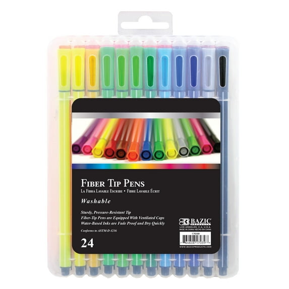 BAZIC Washable Fiber Tip Pen, 24 Color Fineliner Pens, (24/Pack), 1-Pack