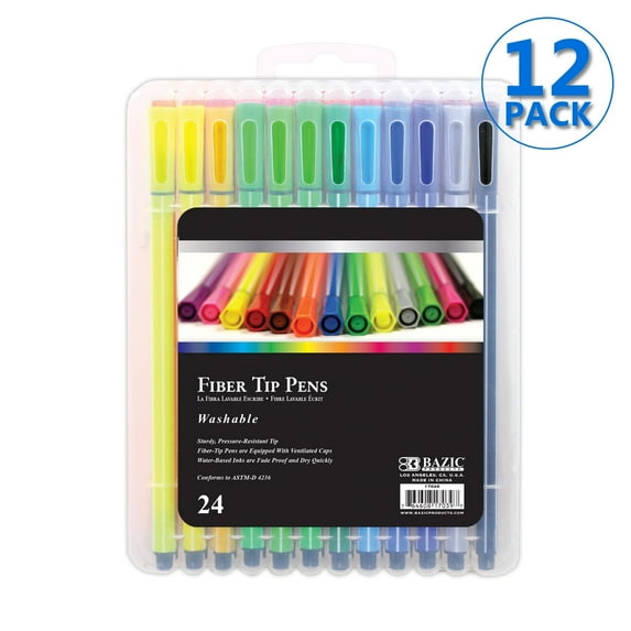 BAZIC Washable Fiber Tip Pen, 24 Color Fineliner Pens, (24/Pack), 12-Pack